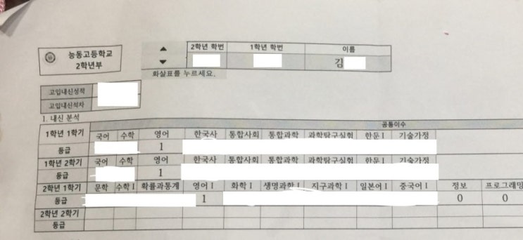  능동고 - 2019년 2학년 1학기 성적표