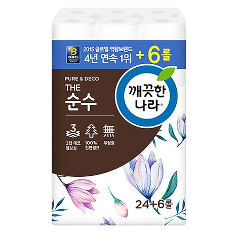  깨끗한나라 3겹 데코 더 순수 천연펄프 롤화장지 27 m, 30롤