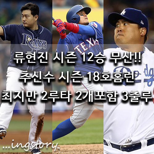 [MLB] LA다저스 류현진 12승 무산(6이닝3피안타1볼넷1K무실점),추신수(시즌18호홈런),최지만(2루타2개),중계,등판일정,연봉,성적,방어율(8/1일)