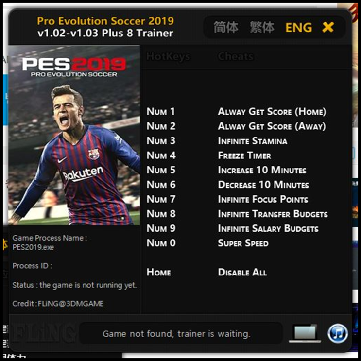  18-12-07 위닝2019 트레이너 v1.02-v1.03 +8 (Pro Evolution Soccer 2019 Trainer v1.02-v1.03 +8) 3DM