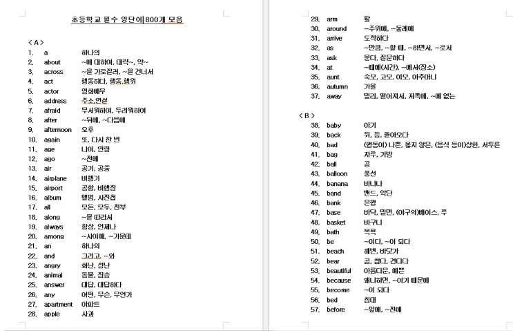  초등학교 필수 영단어 800개 모음_교육부자료