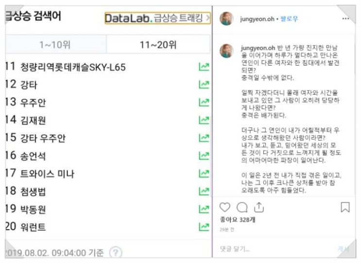 오정연, ‘강타-우주안(한가은) 실검 캡처’ 왜?…인스타그램에 의미심장한 글 올려
