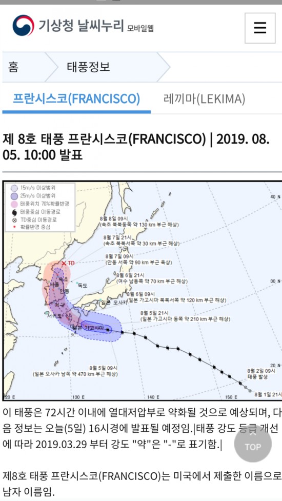  2019년 태풍 8호 프란시스코 9호 레끼마 10호 크로사 태풍경로 점쳐보기