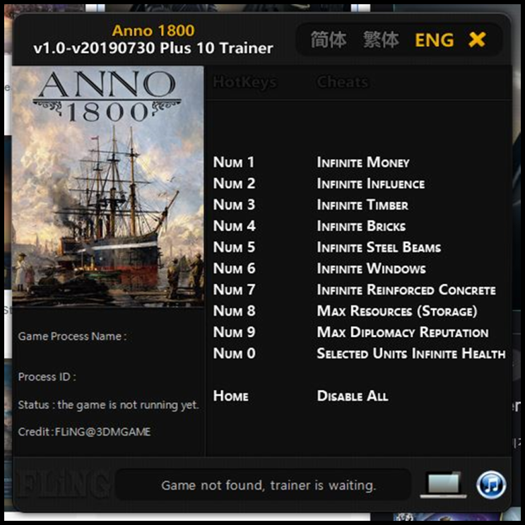  19-07-30 아노1800 트레이너 v1.0 +10 (Anno 1800 Trainer v1.0 +10) 3DM