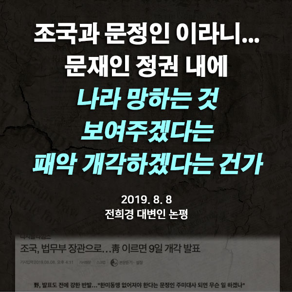  [2019.08.08 대변인 논평]  조국과 문정인 이라니... 문재인 정권 내에 나라 망하는 것 보여주겠다는 패악 개각하겠다는 건가