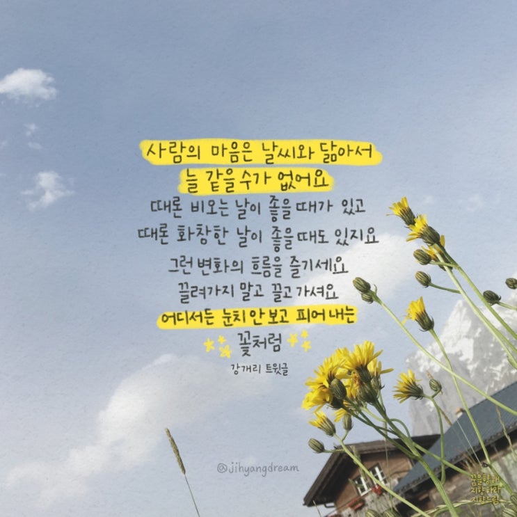  [지향드림 손글씨] 강개리명언 / 사람의 마음은 날씨와 닮아서 늘 같을 수가 없어요