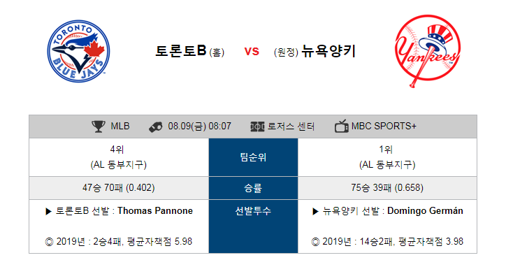  [MLB]  8월9일  08시07분  토론토vs뉴욕 양키스  토론토  뉴욕 양키스