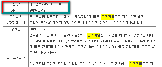 에스엔텍(160600) 8월12일에 단기과열지정 종목입니다.