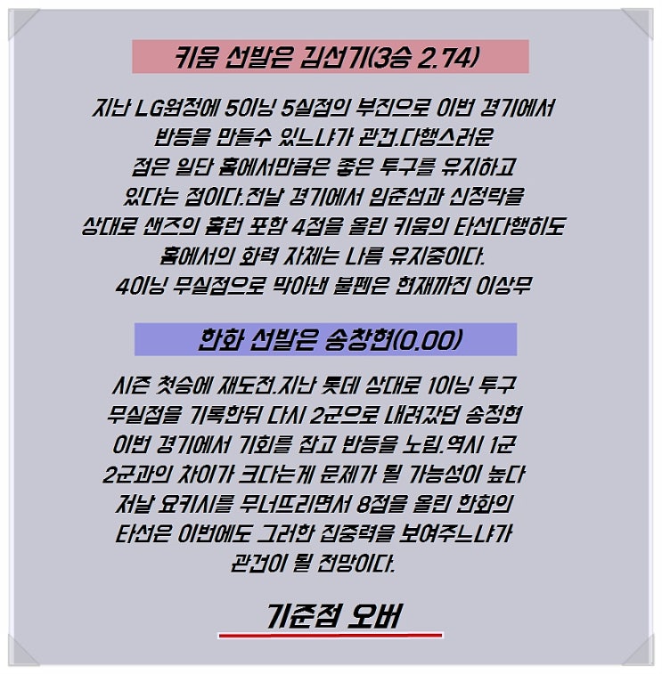 키움 한화 18일 국야 분석 및 조합공유