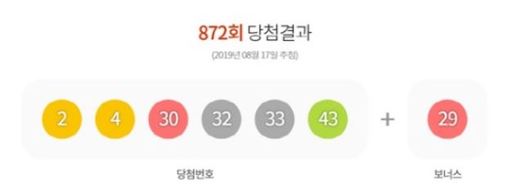 872회 로또 당첨번호는 '2, 4, 30, 32, 33, 43'…보너스는 '29' 872회 로또 당첨번호는 '2, 4, 30, 32, 33, 43'…보너스는 '29'