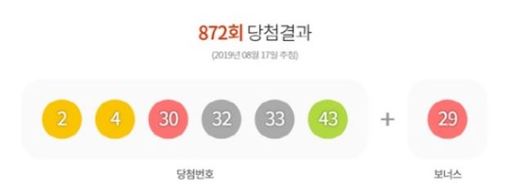 872회 로또 당첨번호는 '2, 4, 30, 32, 33, 43'…보너스는 '29' 