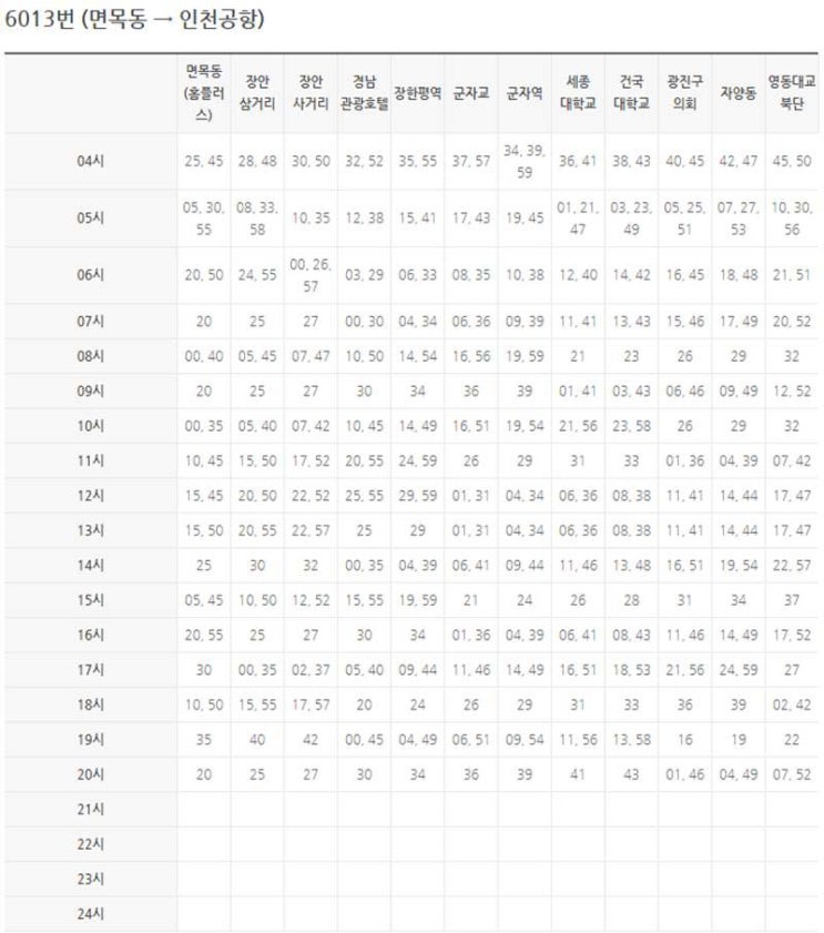 공항버스6013시간표 면목동에서 인천공항 시간표