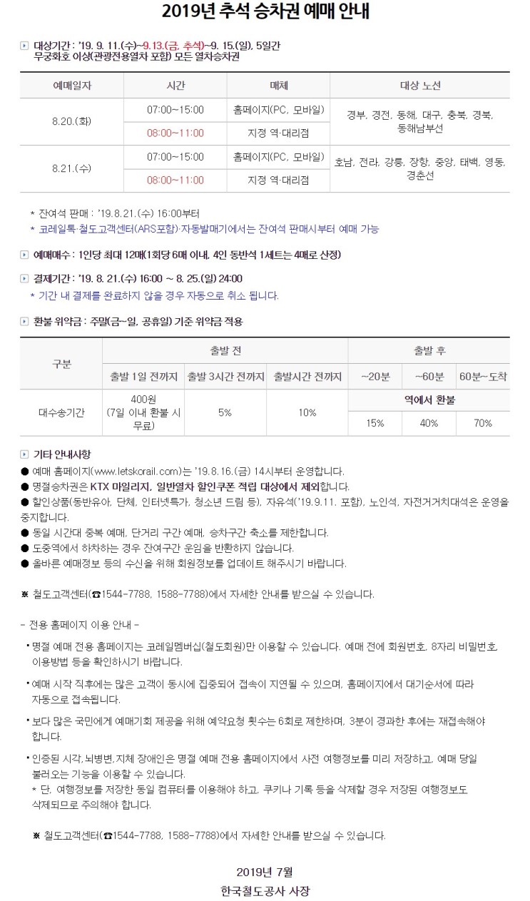 2019년 추석 승차권 예매 오늘부터 시작 (코레일 2019년 8월 20일, SRT 22일부터~)