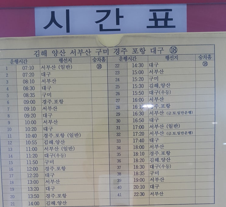  전주시외버스터미널->김해 양산 서부산 구미 경주 포항 대구 시간표((2019.8.17일 기준)