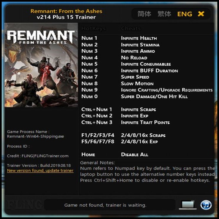  19-08-19 렘넌트- 프롬 더 애쉬 트레이너 V214 +15 (Remnant From the Ashes Trainer v214 +15) 3DM