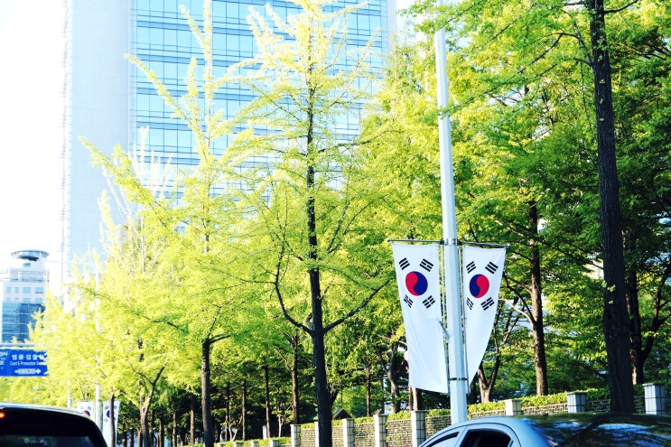퇴근길 유난히 아름답던 태극기 (국기 다는 날, 게양은 일본식 표현)