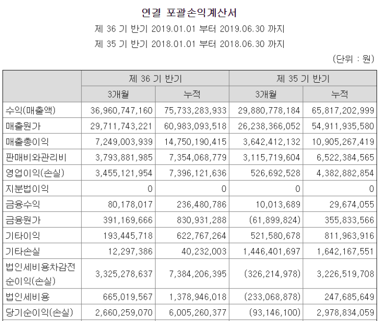  대림제지 19년 반기보고서 분석