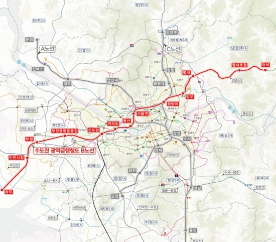 수도권 광역 급행철도 GTX-B 노선(송도~마석)80km 예비타당성조사 통과..22년말 착공