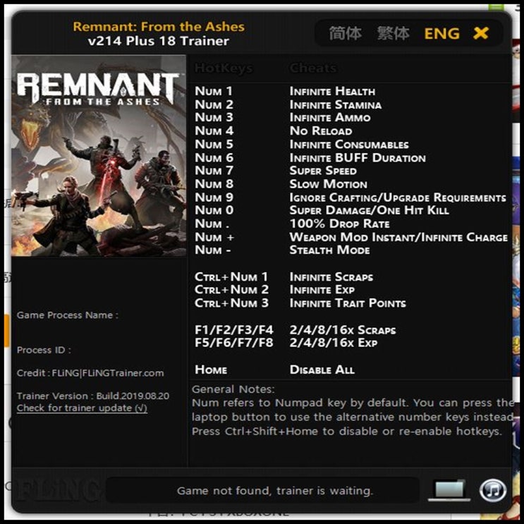  19-08-21 렘넌트- 프롬 더 애쉬 트레이너 V214 +18 (Remnant From the Ashes Trainer v214 +18) 3DM