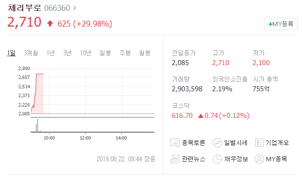  오늘의 급등주 체리부로 차트분석