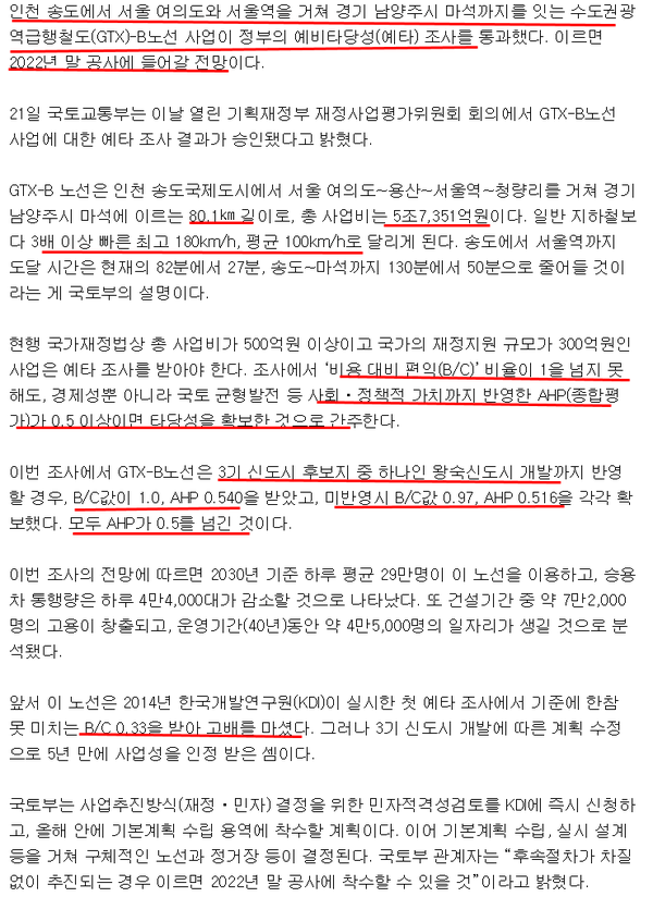GTX B 예타 통과.. 수혜지역.. 2019년 8월 22일 신문기사