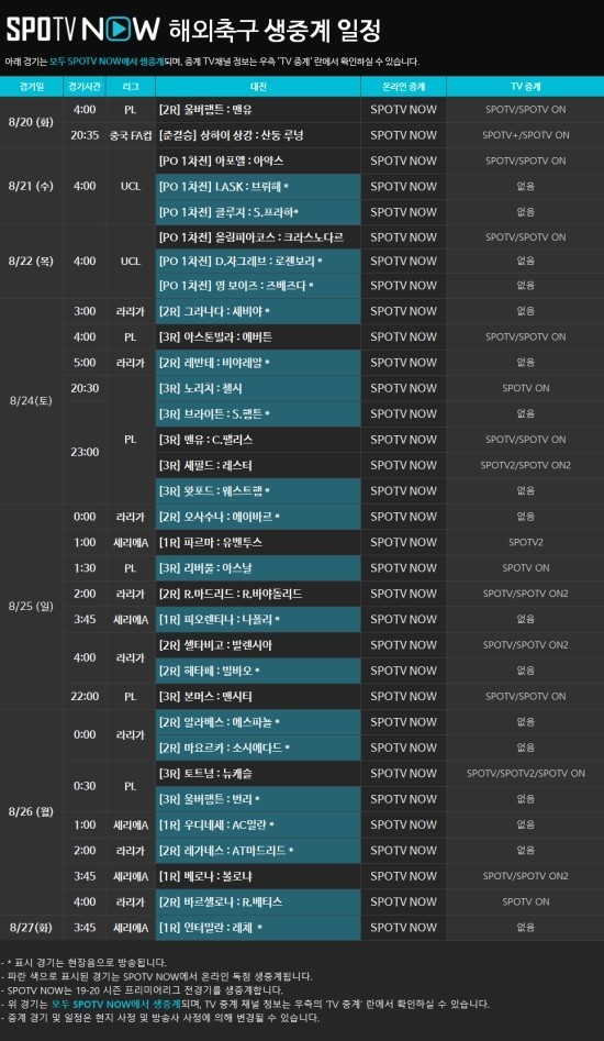  2019-20시즌 EPL 3R, 라 리가 2R, 세리에A 1R 스포티비 중계 일정