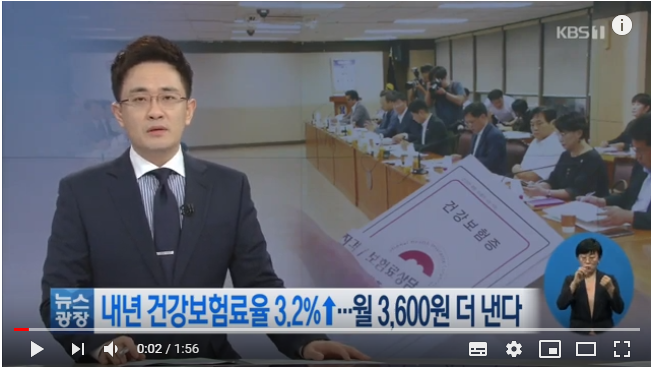 내년 건강보험료율 3.2% ↑…직장인 월 평균 3,600원 더 낸다 / KBS뉴스(News) 내년 건강보험료율 3.2% ↑…직장인 월 평균 3,600원 더 낸다 / KBS뉴스(News)