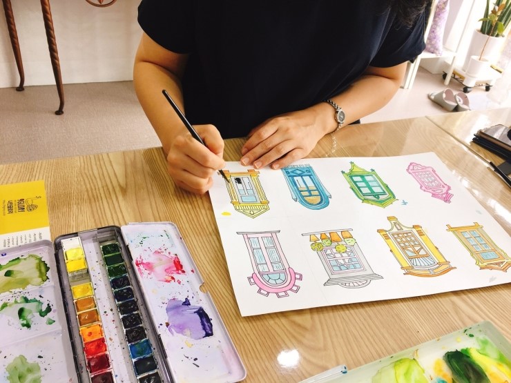  나인글로리 텍스타일디자인 클래스 5기: 창문모양 패턴 수채화그림과 포토샵 리피트 수업
