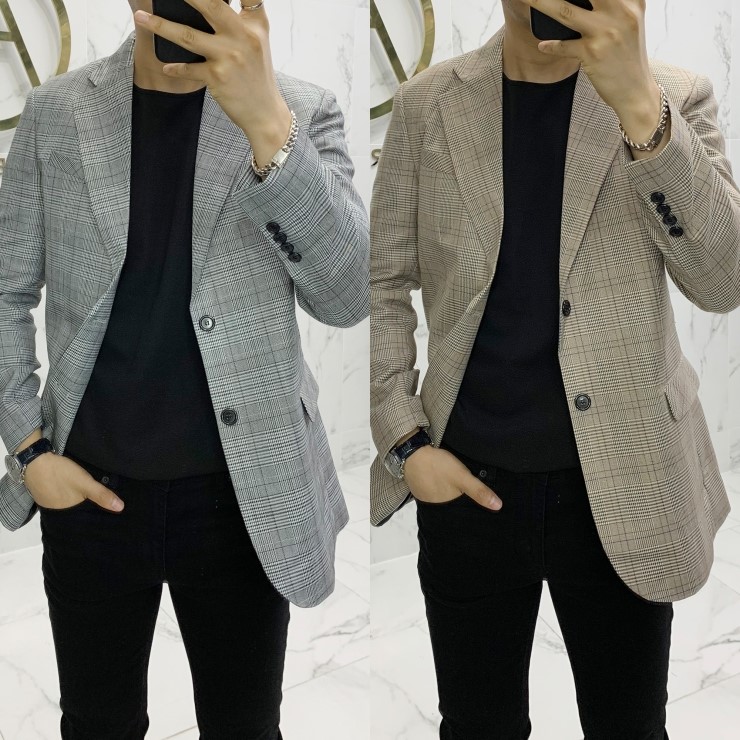  원라인 하운드 체크 봄 가을 싱글 체크 자켓(RH)