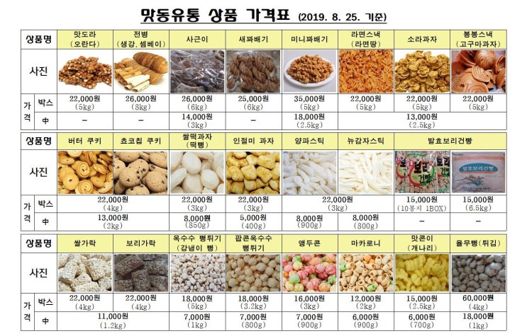  맛동유통 상품 가격표(8.25.)