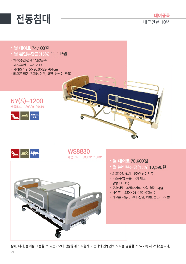  노인복지용구 대여품 :가정용의료기 환자 전동침대 대여 가격 이용안내