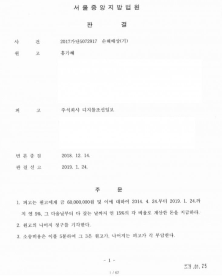  판결문 전문] 홍가혜,'조선일보 상대로 승소', 김용호는 감옥에 가야 한다?