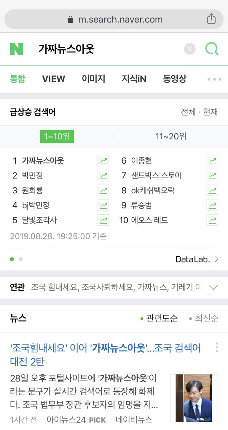  조국 지지자들, 가짜뉴스 아웃 실검 1위