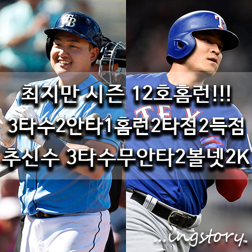  [MLB] 추신수(3타수2볼넷2삼진),최지만 게릿콜 상대 시즌 12호홈런(3타수2안타1홈런2타점2득점1볼넷1K),타율,중계,연봉,성적,경기일정(8/29일)