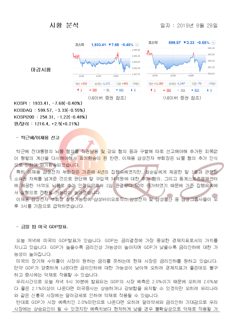  2019년 8월 29일 오후 시황