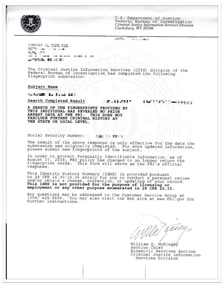  미국 (FBI CRC) 범죄경력 회보서를 소개합니다.