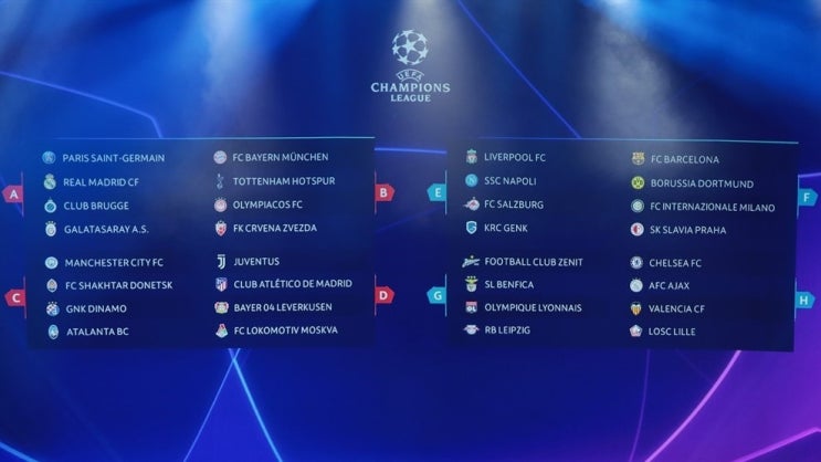  2019 - 20 시즌 UEFA 챔피언스리그 조 추첨 결과 공유