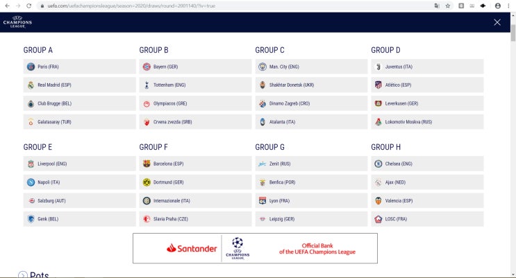 2019-20 UEFA 챔피언스리그(챔스) 32강 조추첨 결과