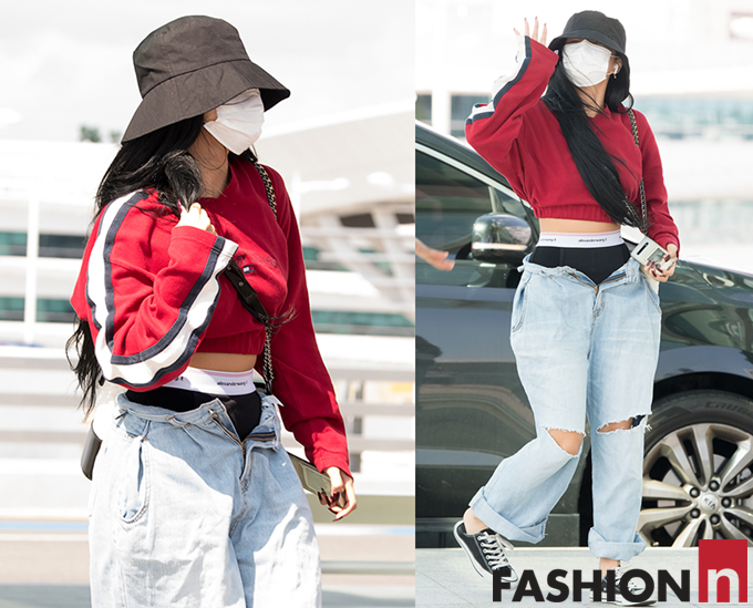   마마무 화사 공항 패션 쿨한 나이 ! 인천국제공항 출국 파격 히프 슬렁룩 의상에 네티즌 갑론을박