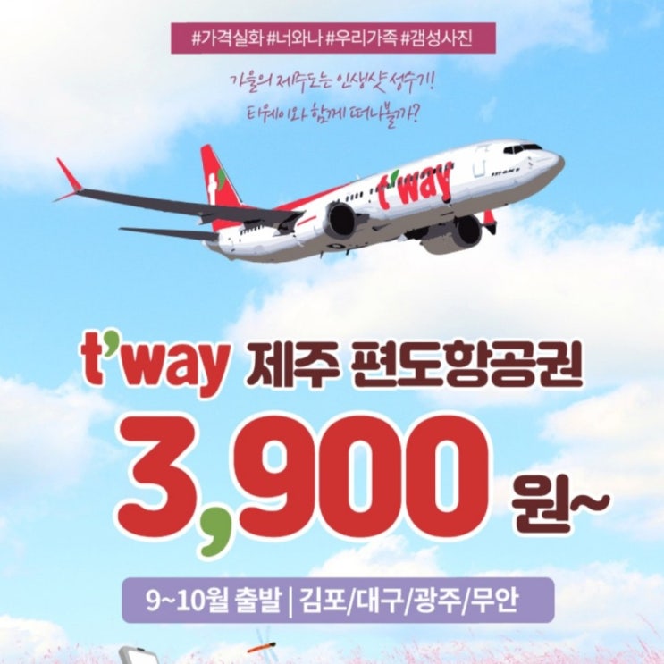  티웨이항공 제주도 항공권 땡처리 특가 3,900원 ~