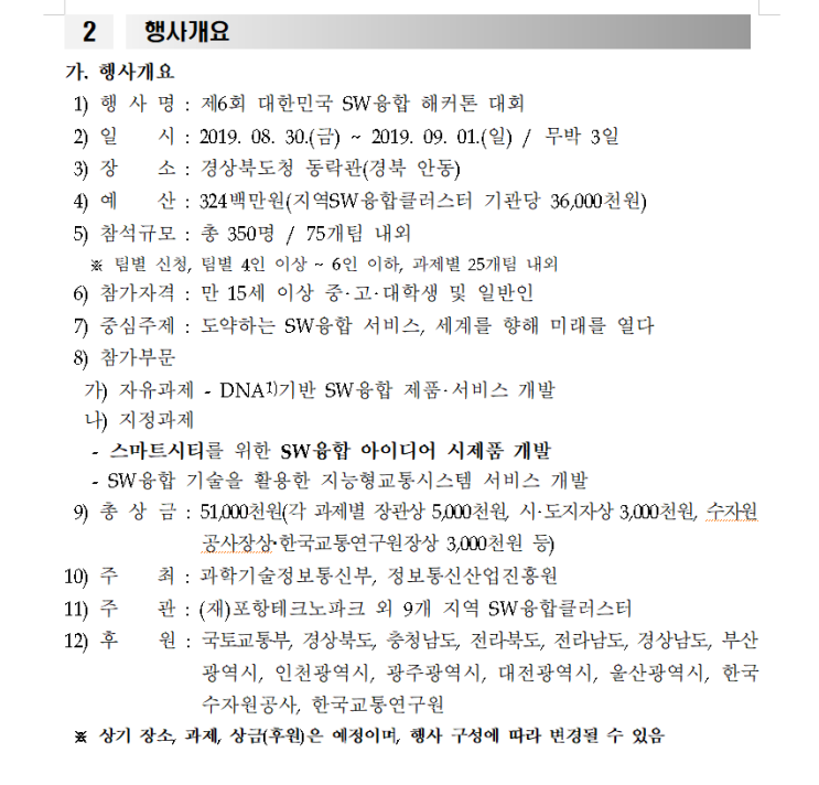 제6회 대한민국 SW융합 해커톤 대회 08.30 ~ 09.01 제6회 대한민국 SW융합 해커톤 대회 08.30 ~ 09.01