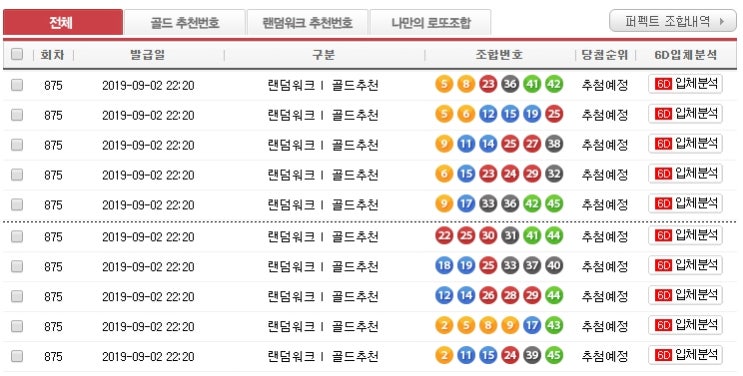  로또 875회차 로또번호 나눔 배포