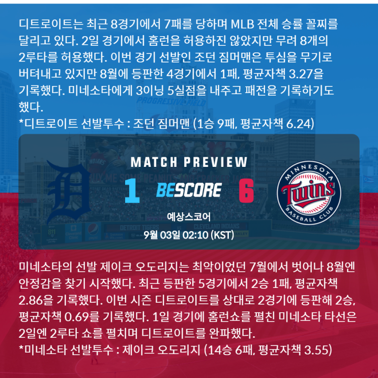  디트로이트 미네소타 9월 3일 MLB 전문가분석 및 예상스코어 by 비스코어