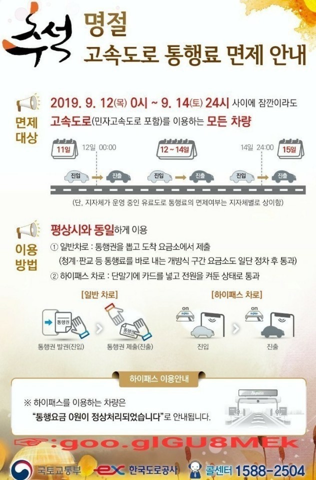  명절 고속도로 통행료 면제 안내