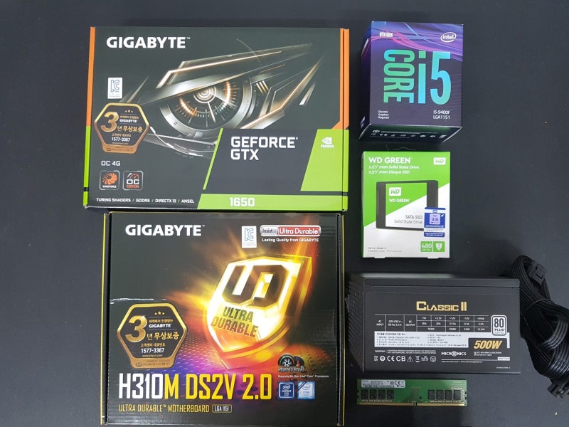 GIGABYTE 지포스 GTX 1650 UDV OC D5 4GB, 삼성전자 DDR4 8G PC4-2666, GIGABYTE H310M DS2V 2.0 듀러블에디션
