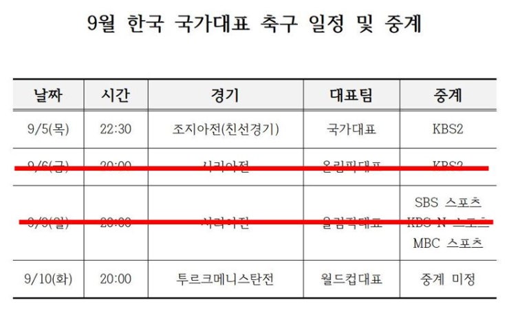  9월 한국 국가대표 축구 일정 및 중계