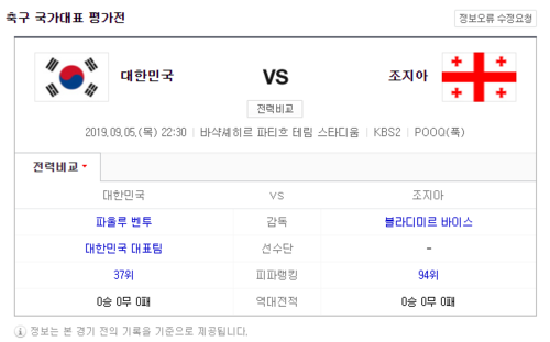  한국 조지아 맞대결, 5일 밤 생중계 어디서?