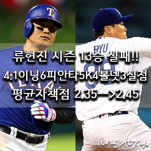  [MLB] LA다저스 류현진 승리투수 요건 못갖추고 강판,13승 실패(4.1이닝6피안타5K4볼넷3실점),추신수,중계,등판일정,연봉,성적,방어율(9/5일)
