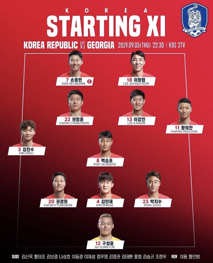  대한민국 vs 조지아 대한민국 선발명단