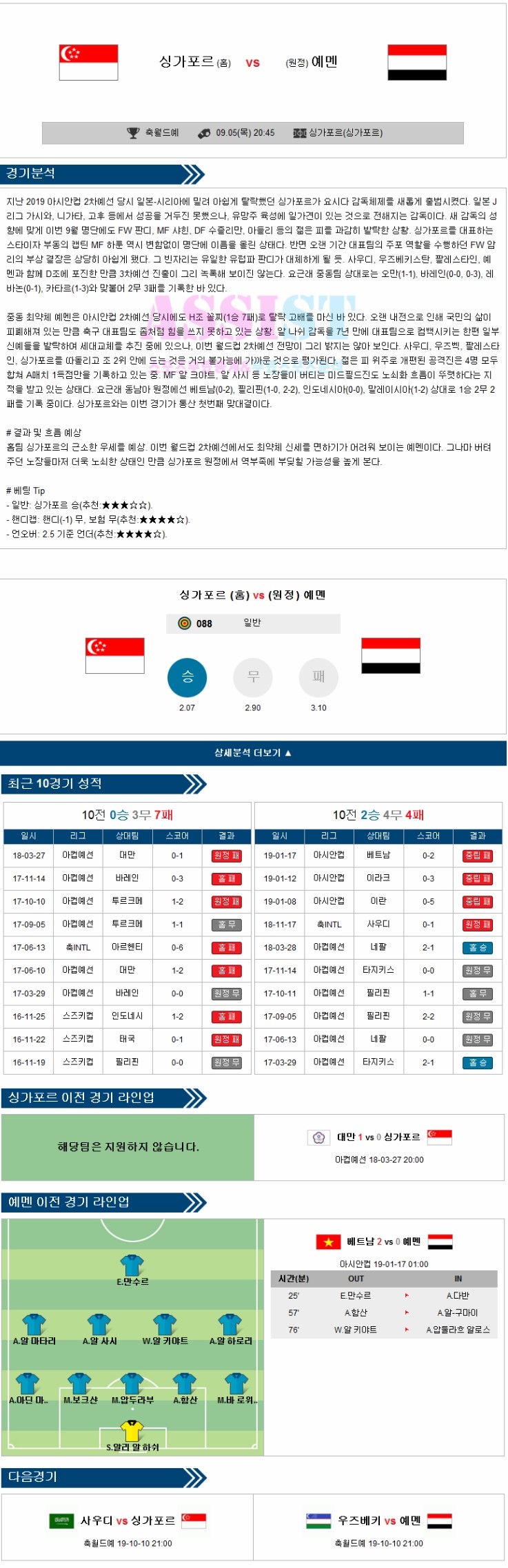  9월5일 [프로토71회차] 해외축구분석 [월드컵예선] 싱가포르 vs 예멘